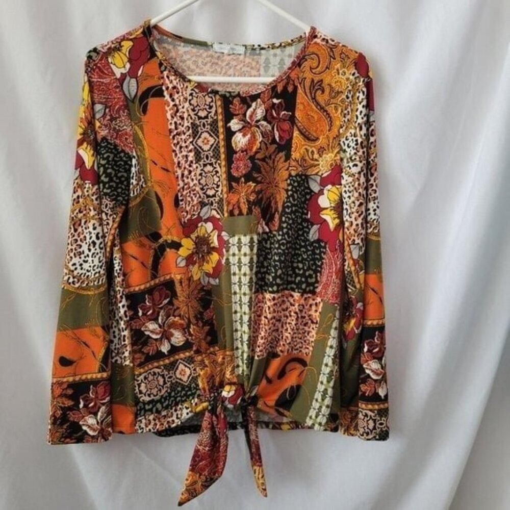 Ava James Blouse BOHO animal print floral Small tie bell sleeves Retro Glam Y2K